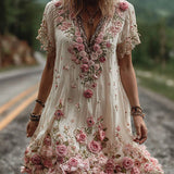 Robe Col V Brodée Fleurie – Élégance Florale et Style Romantique