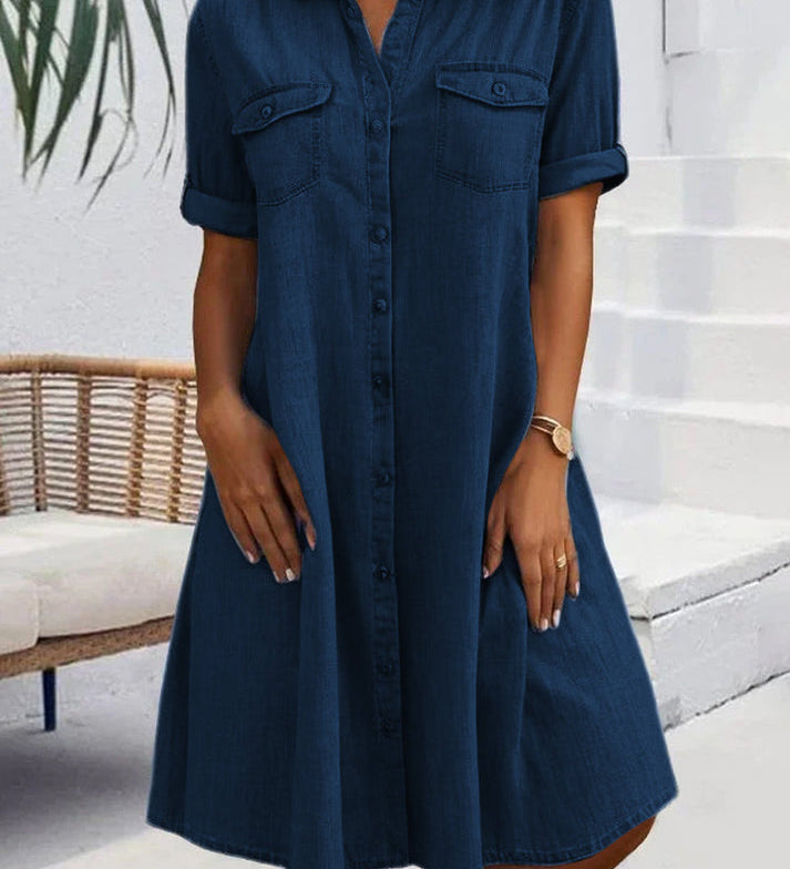 Elegantní Midi Denim Košilová Šaty pro Ženy – Ležérní Každodenní Šaty