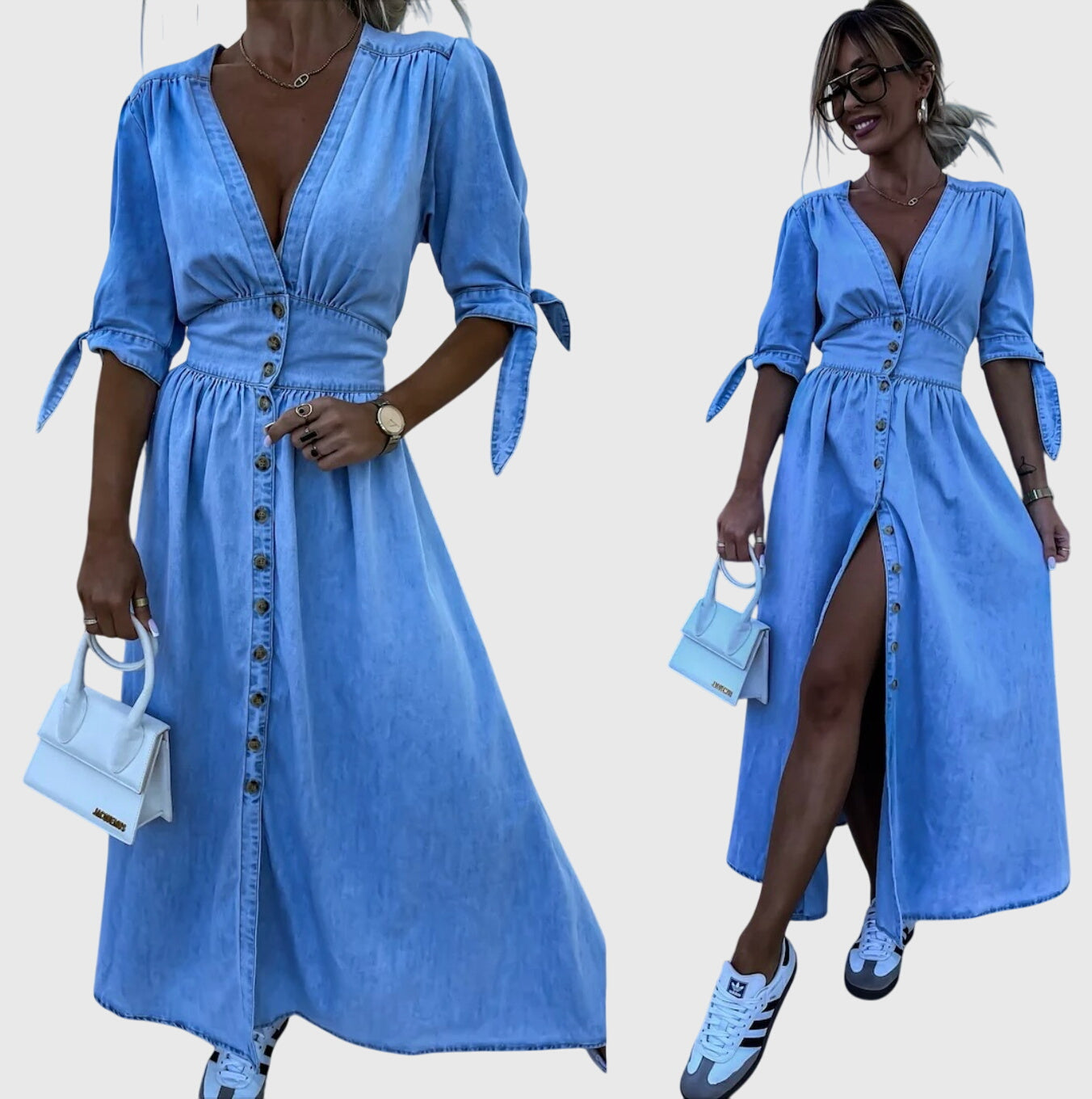 Elegantní Maxi Džínová Šaty s Výstřihem do V – Stylové A-Line Šaty s Knoflíky