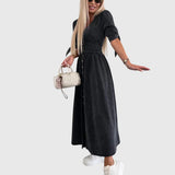 Elegantní Maxi Džínová Šaty s Výstřihem do V – Stylové A-Line Šaty s Knoflíky