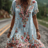 Robe Col V Brodée Fleurie – Élégance Florale et Style Romantique
