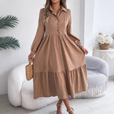 Šaty Chemise s Volány pro Ženy – Relaxovaný Střih, Dlouhé Rukávy, Elegantní Midi