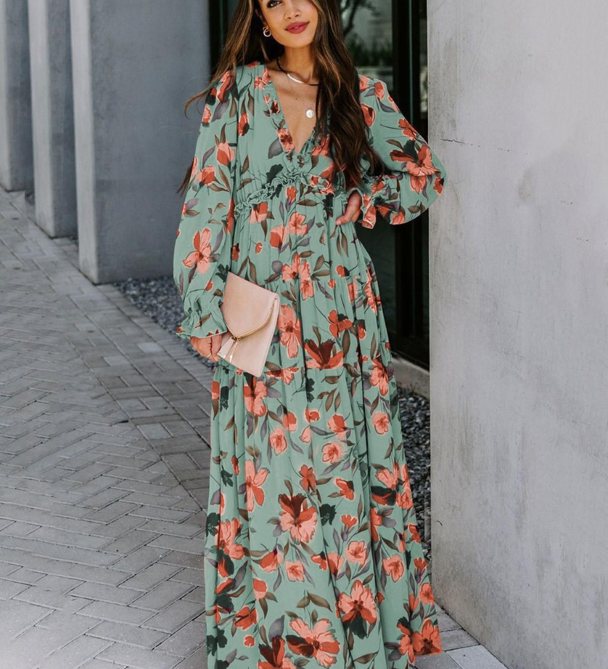 Maxi šaty bohémského stylu z květinového šifonu pro ženy – Elegantní volný styl s dlouhými rukávy