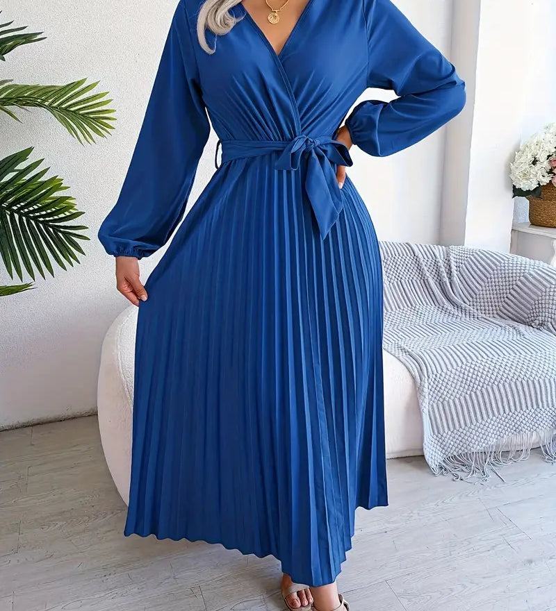 Midi šaty s plisováním pro ženy – Dlouhé rukávy, výstřih do V, elegantní styl
