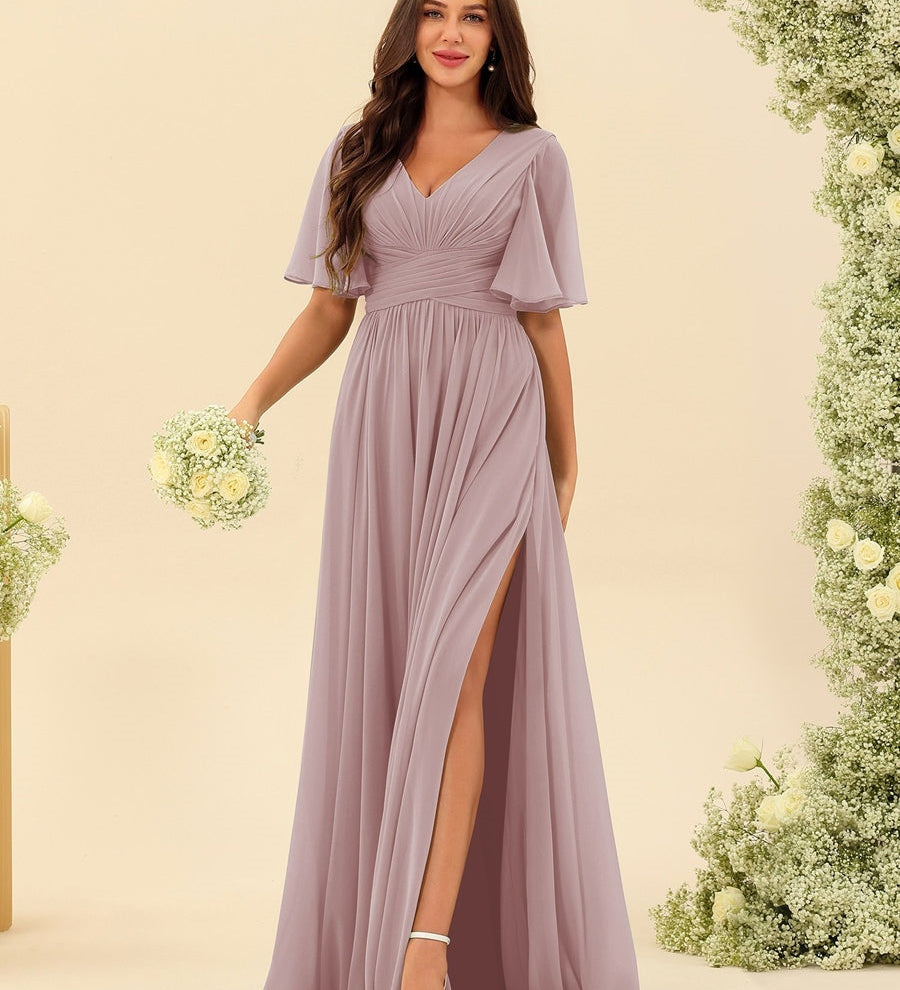 Elegantní Dlouhá Chiffonová Šaty – Plynulá A-Linie s Bočním Rozparkem a Volány