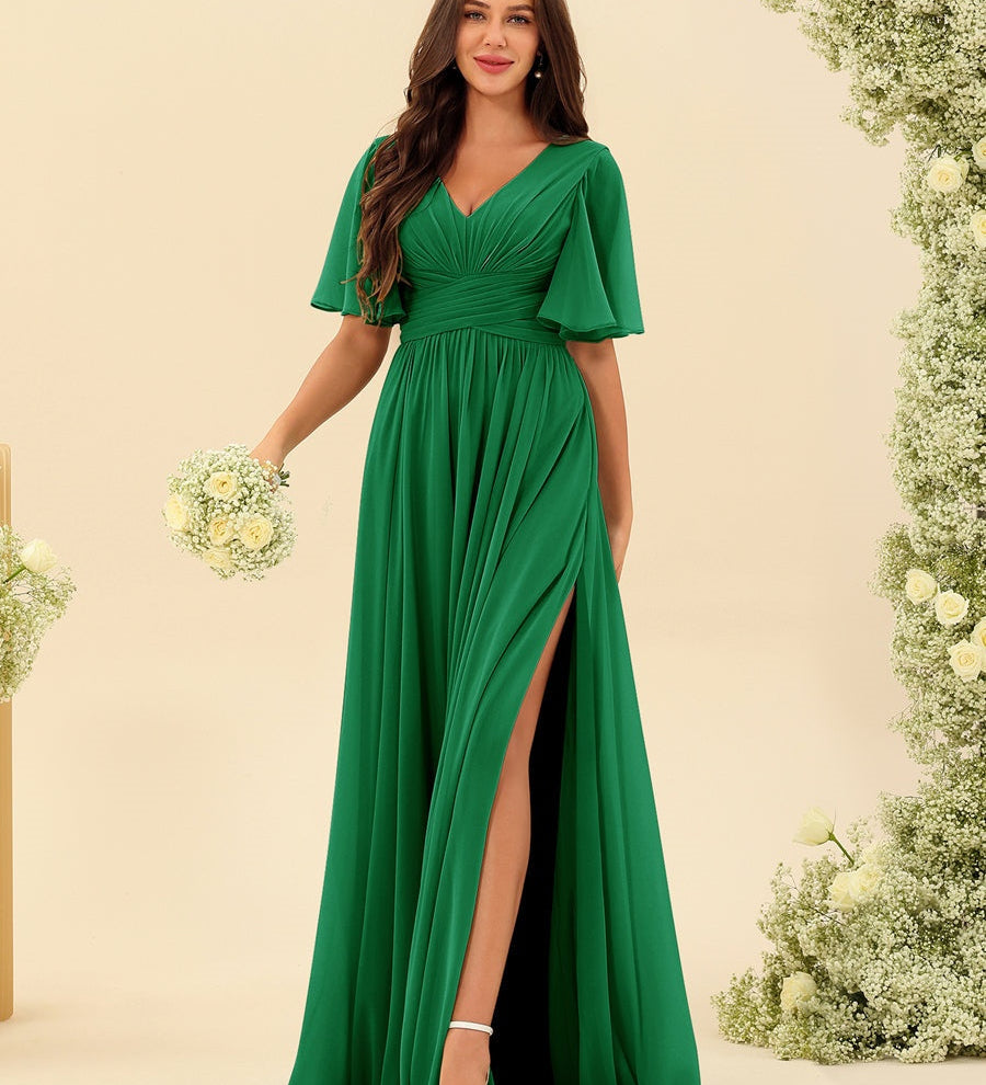 Elegantní Dlouhá Chiffonová Šaty – Plynulá A-Linie s Bočním Rozparkem a Volány