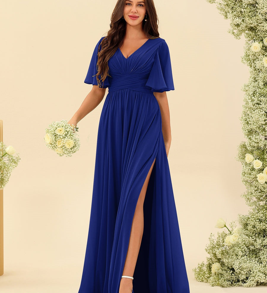 Elegantní Dlouhá Chiffonová Šaty – Plynulá A-Linie s Bočním Rozparkem a Volány