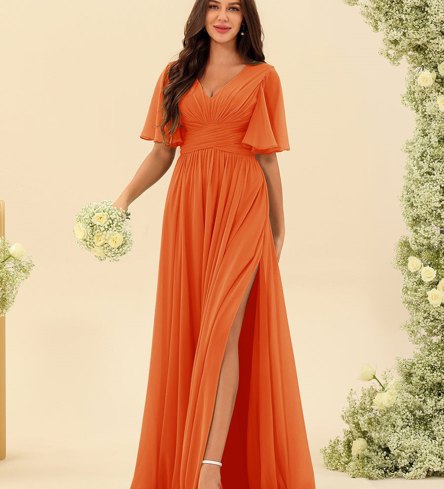 Elegantní Dlouhá Chiffonová Šaty – Plynulá A-Linie s Bočním Rozparkem a Volány