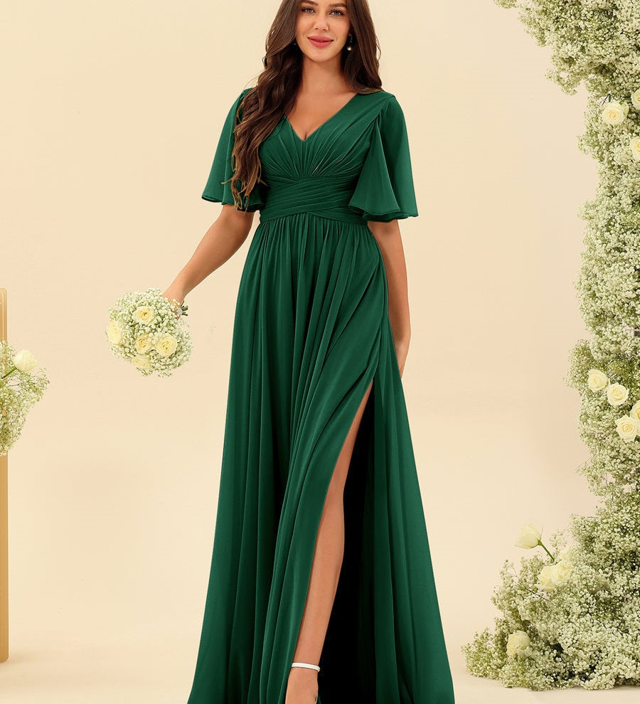 Elegantní Dlouhá Chiffonová Šaty – Plynulá A-Linie s Bočním Rozparkem a Volány