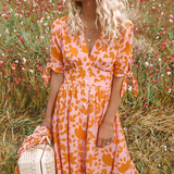 Elegantní midi šaty s barevnými květinami pro ženy – Letní styl s výstřihem do V