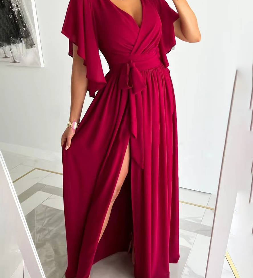 Elegantní Maxi Večerní Šaty s Bočním Rozparkem pro Ženy – Volný Střih s Výstřihem do V a Krátkými Rukávy