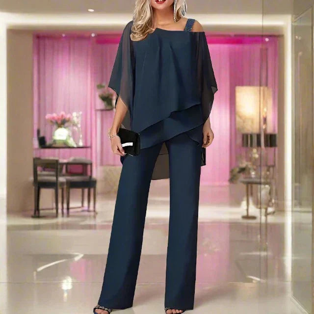 Luxusní dámský overal a asymetrická blůza z mušelínu – Elegantní lehký dvoudílný outfit