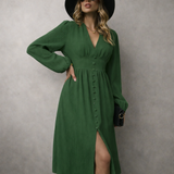 Elegantní vintage chic šaty s rozparkem pro ženy – Midi šaty s výstřihem do V a dlouhými rukávy