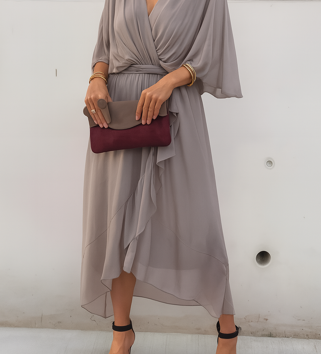 Elegantní Midi Šaty pro Ženy s Portfelem – V-krk z Chiffonu s Asymetrickým Lemem