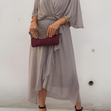 Elegantní Midi Šaty pro Ženy s Portfelem – V-krk z Chiffonu s Asymetrickým Lemem