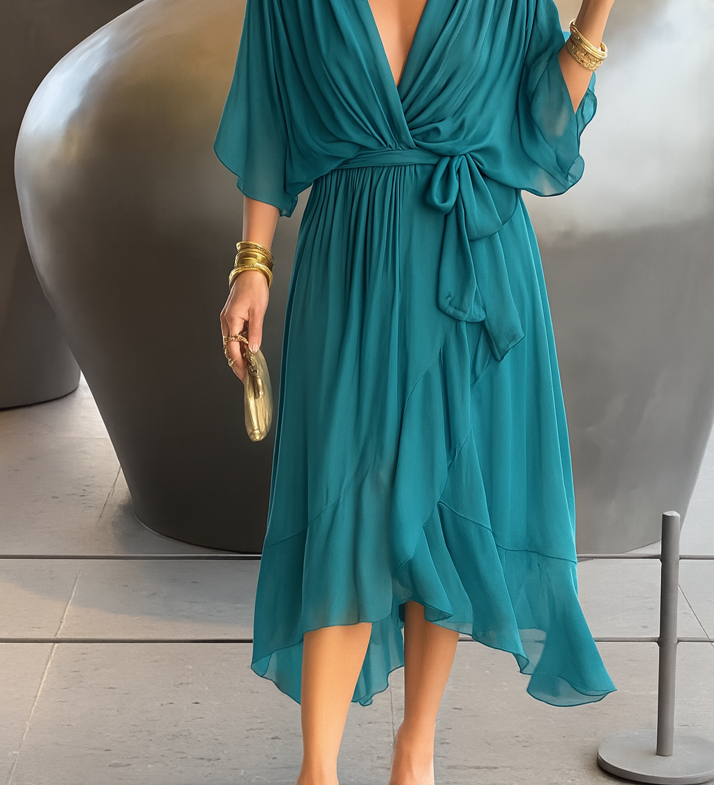 Elegantní Midi Šaty pro Ženy s Portfelem – V-krk z Chiffonu s Asymetrickým Lemem