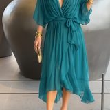 Elegantní Midi Šaty pro Ženy s Portfelem – V-krk z Chiffonu s Asymetrickým Lemem
