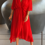 Elegantní Midi Šaty pro Ženy s Portfelem – V-krk z Chiffonu s Asymetrickým Lemem