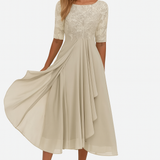 Elegantní dámská midi šaty s krátkým rukávem – Chiffon a krajka A-line