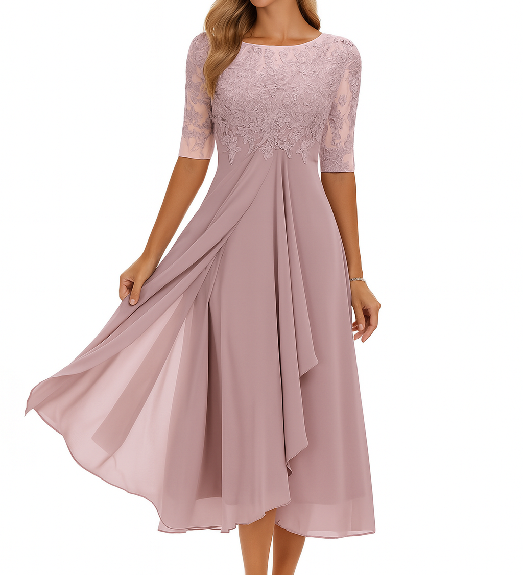 Elegantní dámská midi šaty s krátkým rukávem – Chiffon a krajka A-line