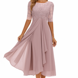 Elegantní dámská midi šaty s krátkým rukávem – Chiffon a krajka A-line