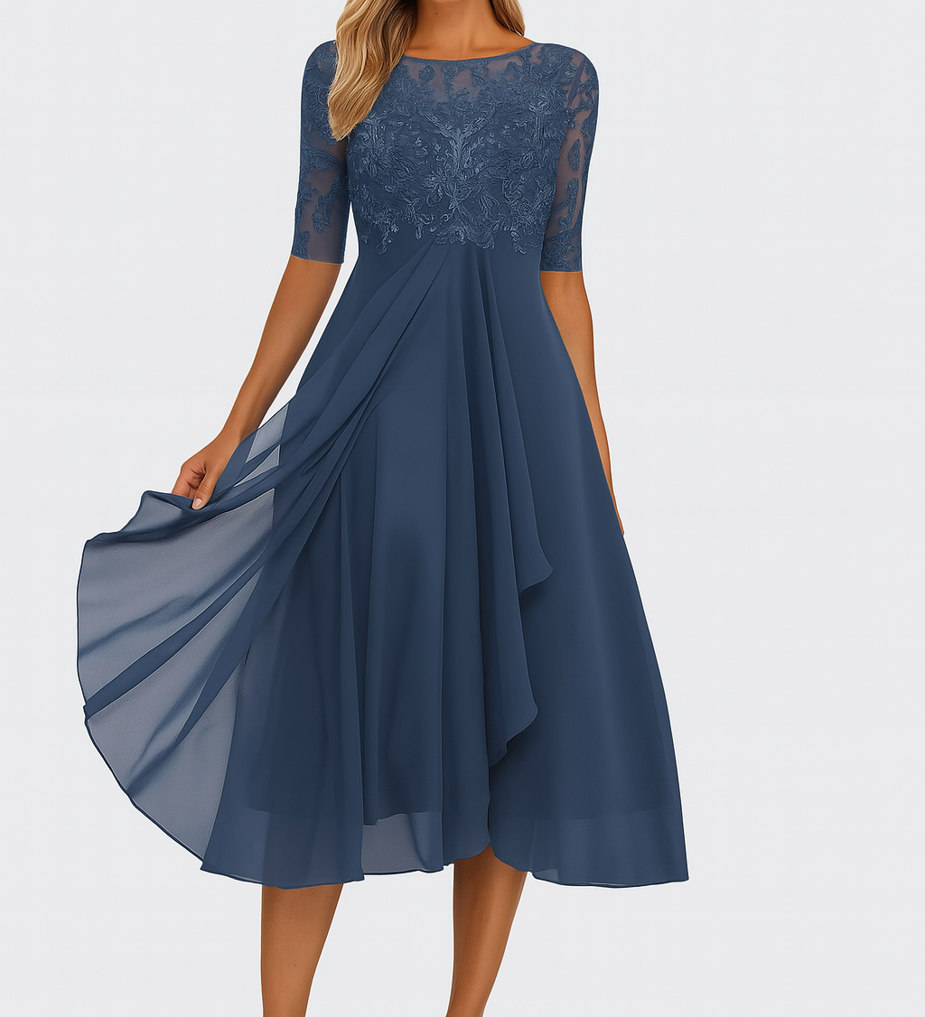 Elegantní dámská midi šaty s krátkým rukávem – Chiffon a krajka A-line