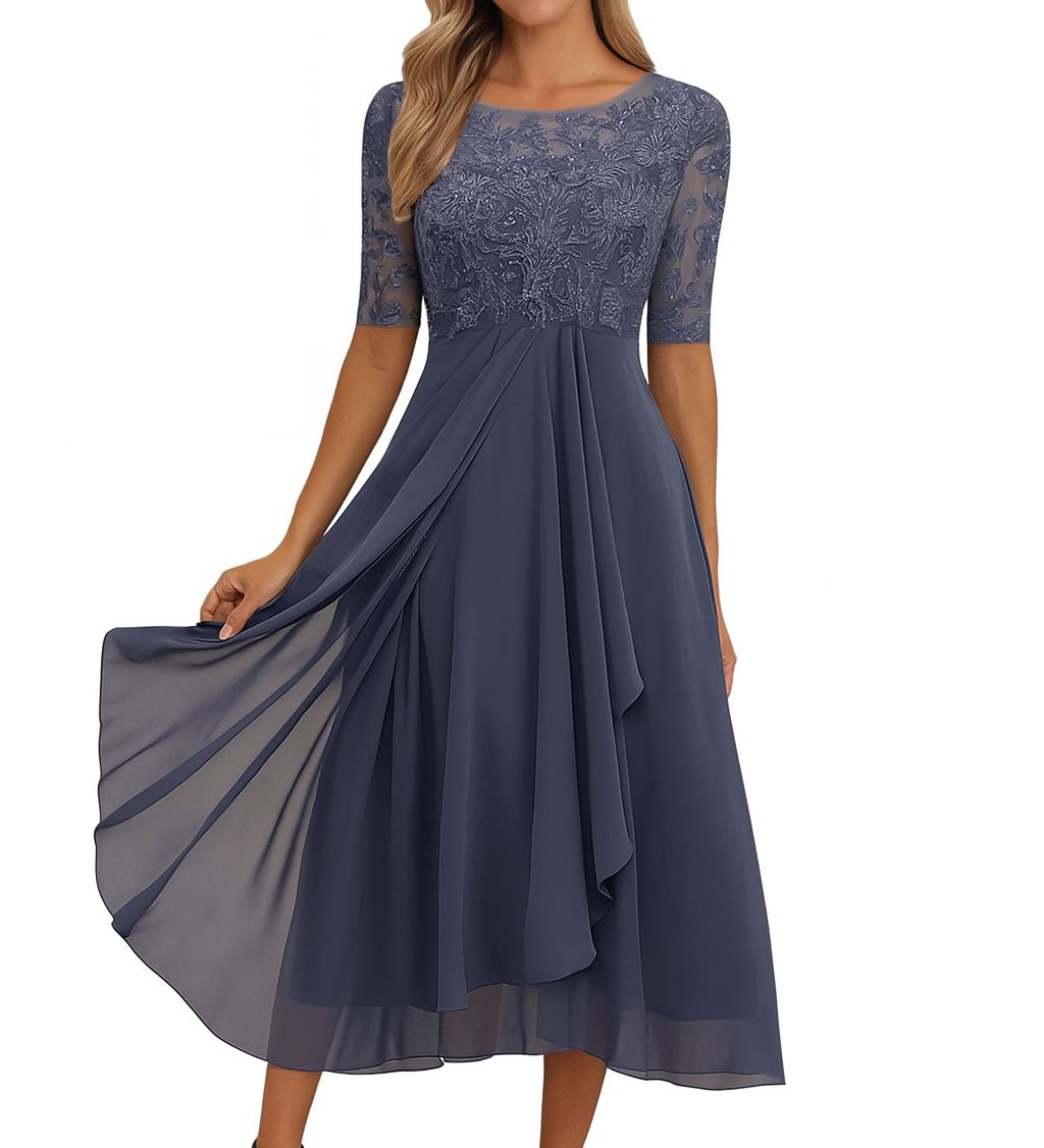 Elegantní dámská midi šaty s krátkým rukávem – Chiffon a krajka A-line