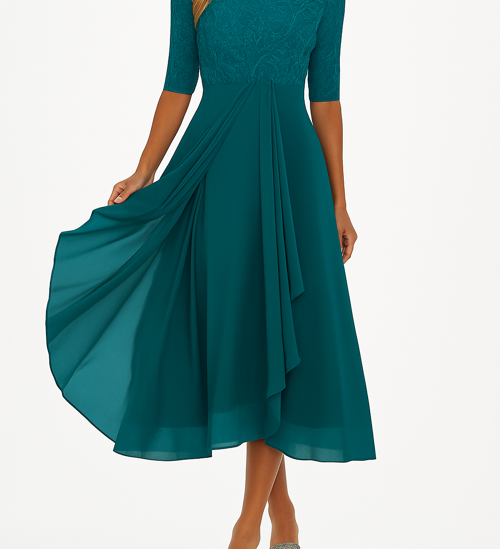 Elegantní dámská midi šaty s krátkým rukávem – Chiffon a krajka A-line