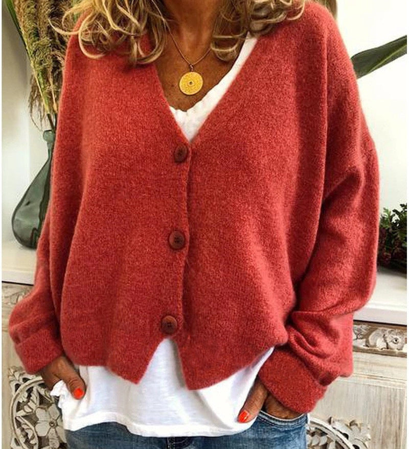 Dámský pletený cardigan s knoflíky a V výstřihem, měkký a elegantní