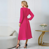 Midi šaty s plisováním pro ženy – Dlouhé rukávy, výstřih do V, elegantní styl