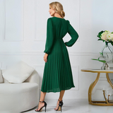 Midi šaty s plisováním pro ženy – Dlouhé rukávy, výstřih do V, elegantní styl