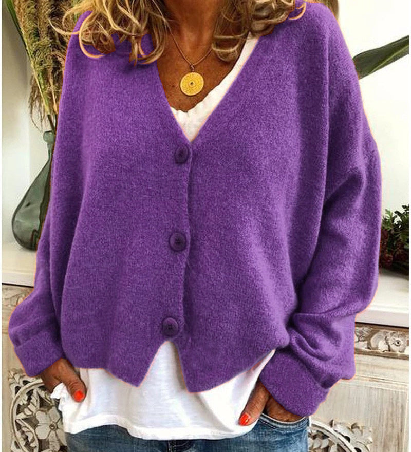Dámský pletený cardigan s knoflíky a V výstřihem, měkký a elegantní