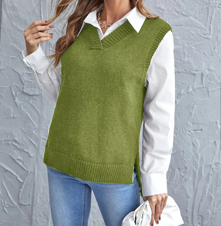 Dámský pletený svetr s výstřihem do V – lehký a jemný bezrukávový svrchní oděv