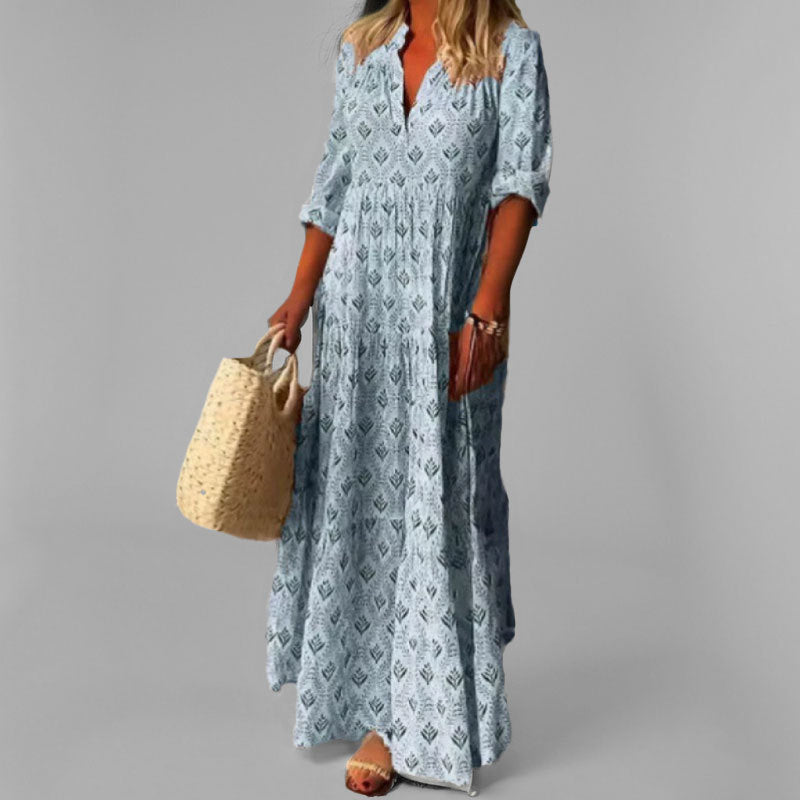 Dlouhá dámská šaty – Lehce bavlněné – Volný střih – V-krk – Vintage potisk – 3/4 rukávy