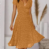 Elegantní Midi Šaty A-Linie pro Ženy – Krátké Rukávy, Výstřih do V