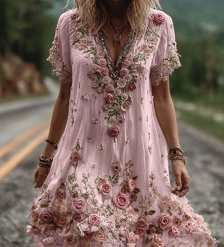 Robe Col V Brodée Fleurie – Élégance Florale et Style Romantique