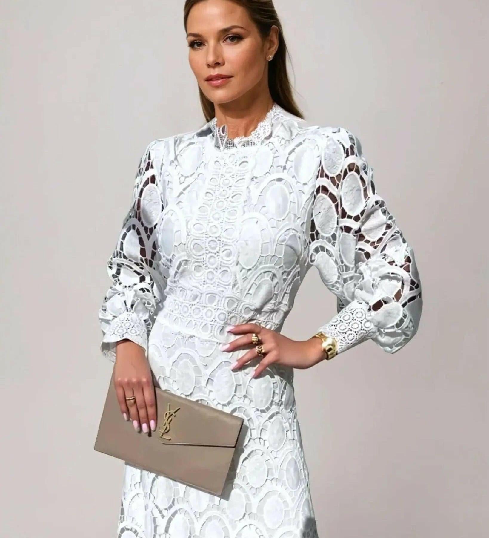 Elegantní midi šaty z francouzské krajky pro ženy – šaty s dlouhým rukávem a rozšířeným střihem
