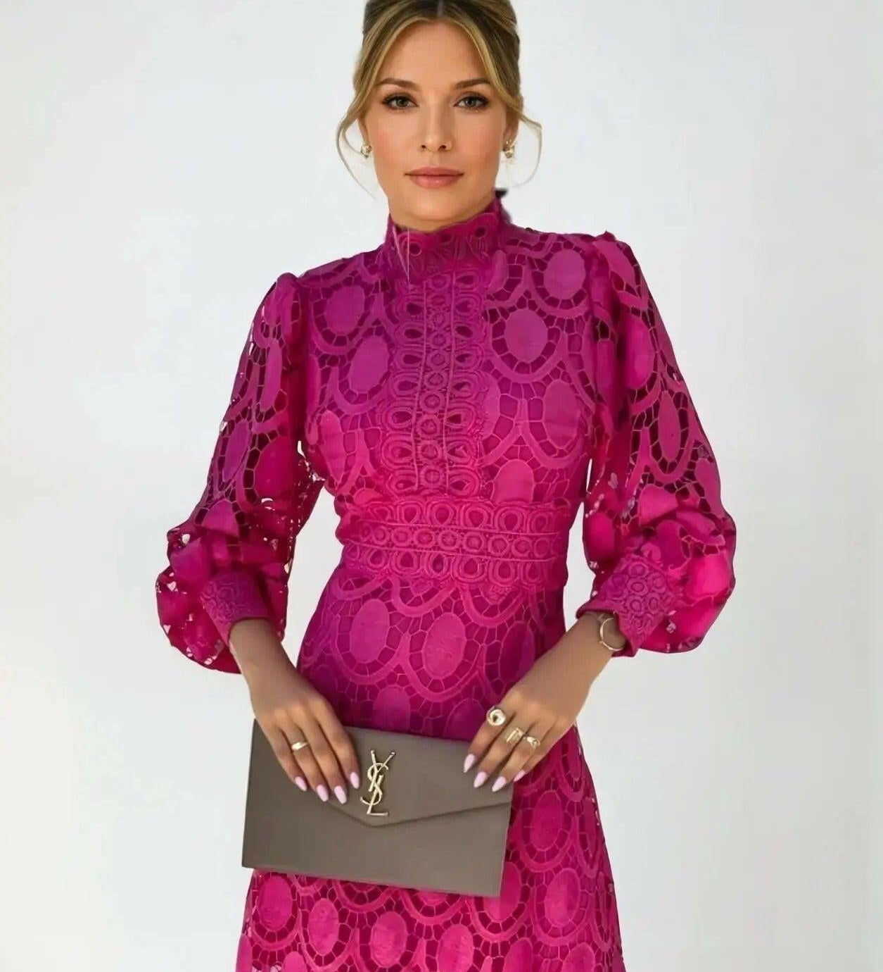 Elegantní midi šaty z francouzské krajky pro ženy – šaty s dlouhým rukávem a rozšířeným střihem