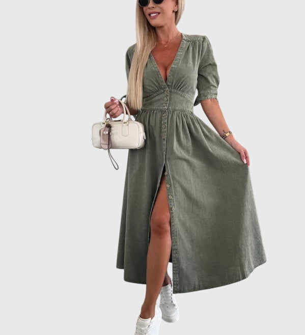 Elegantní Maxi Džínová Šaty s Výstřihem do V – Stylové A-Line Šaty s Knoflíky
