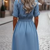 Elegantní modrá denimová midi šaty pro ženy – Košilový styl s páskem