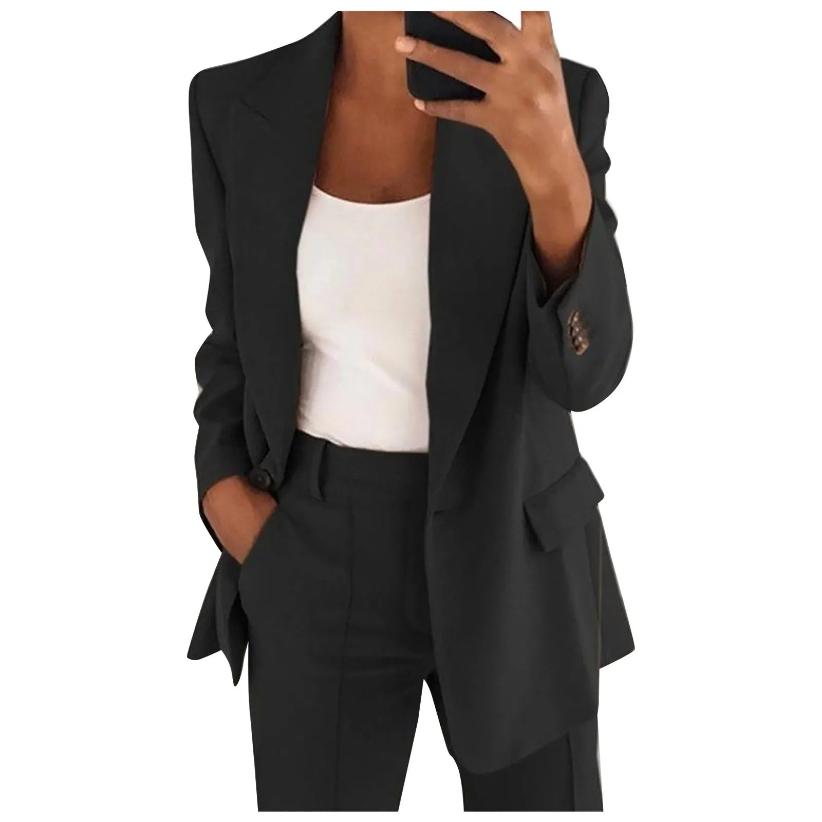 Elegantní dámský blazer a kalhoty – Jednoduchý a rafinovaný dvoudílný kostým pro práci, obchod a formální příležitosti