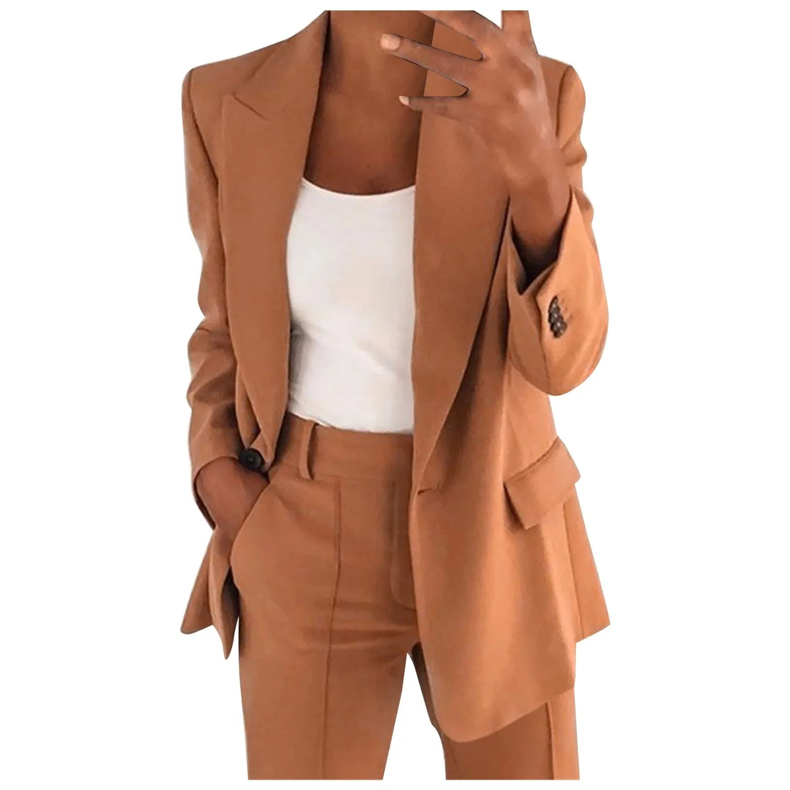 Elegantní dámský blazer a kalhoty – Jednoduchý a rafinovaný dvoudílný kostým pro práci, obchod a formální příležitosti