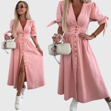 Elegantní Maxi Džínová Šaty s Výstřihem do V – Stylové A-Line Šaty s Knoflíky
