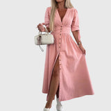Elegantní Maxi Džínová Šaty s Výstřihem do V – Stylové A-Line Šaty s Knoflíky