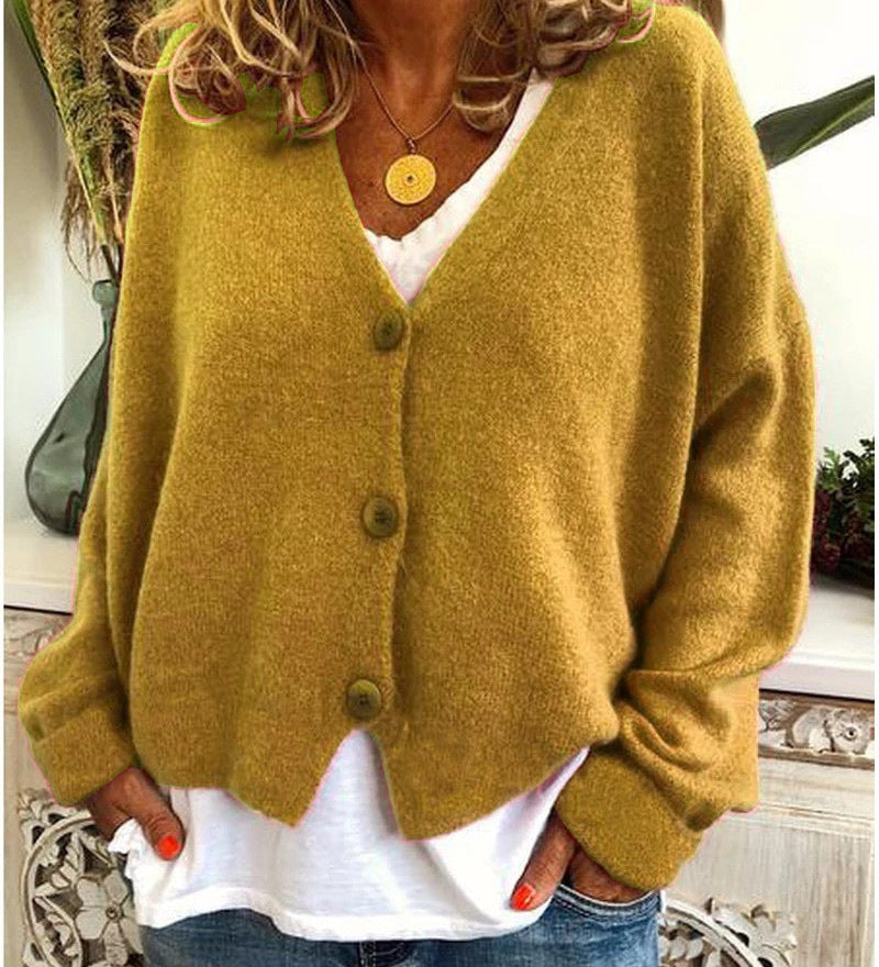 Dámský pletený cardigan s knoflíky a V výstřihem, měkký a elegantní