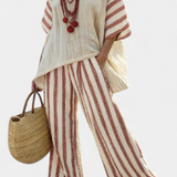 Ludmila – elegantní rustikální pruhovaná blůza a krémové lněné kalhoty