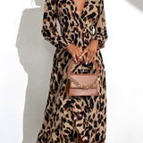 Elegantní Midi Šaty pro Ženy s Leopardím Vzorem – Maxi Portefeuille V Výstřih