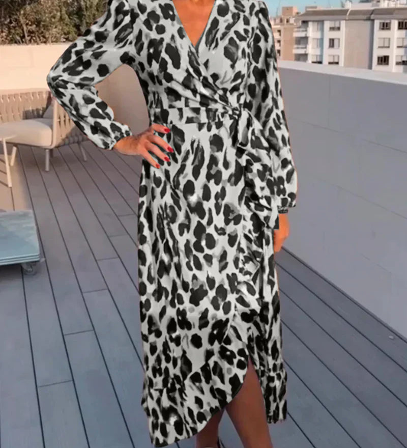 Elegantní Midi Šaty pro Ženy s Leopardím Vzorem – Maxi Portefeuille V Výstřih