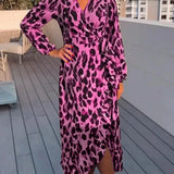 Elegantní Midi Šaty pro Ženy s Leopardím Vzorem – Maxi Portefeuille V Výstřih