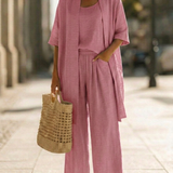Minimalistický třídílný set z lnu a bavlny – pohodlný outfit na každý den
